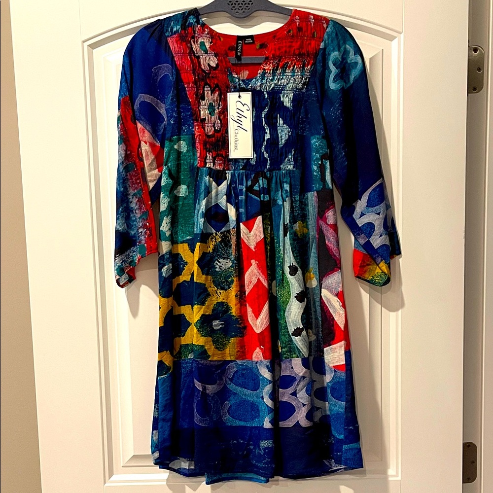 Ethyl Multicolor Fireworks Smocked Mini Dress XS NWT